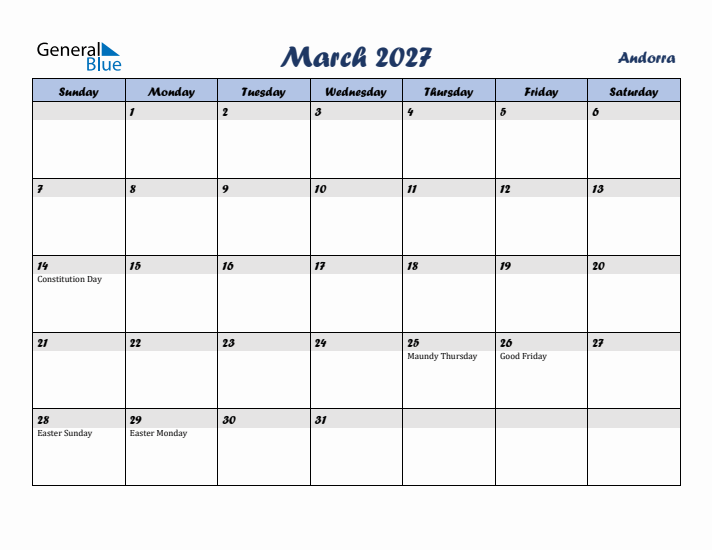 March 2027 Calendar with Holidays in Andorra