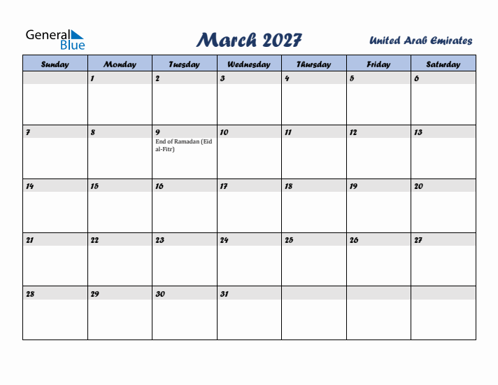 March 2027 Calendar with Holidays in United Arab Emirates