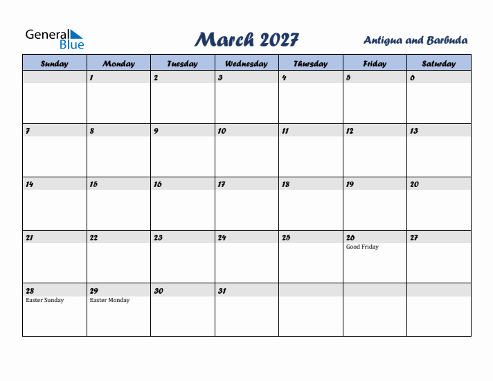 March 2027 Calendar with Holidays in Antigua and Barbuda