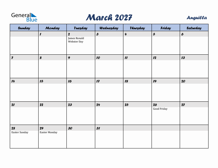March 2027 Calendar with Holidays in Anguilla