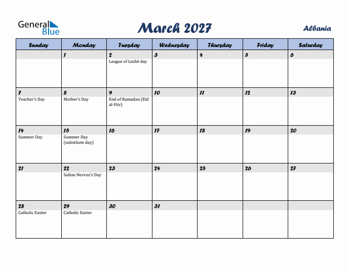March 2027 Calendar with Holidays in Albania