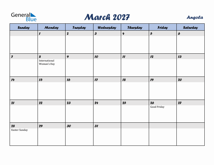 March 2027 Calendar with Holidays in Angola
