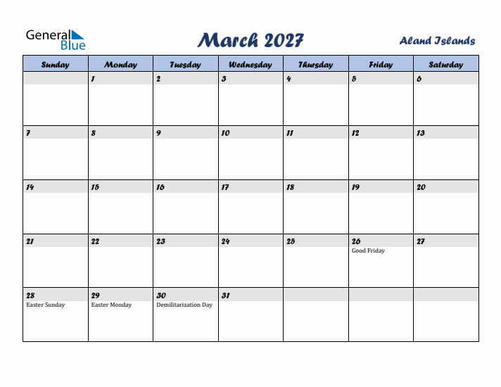 March 2027 Calendar with Holidays in Aland Islands