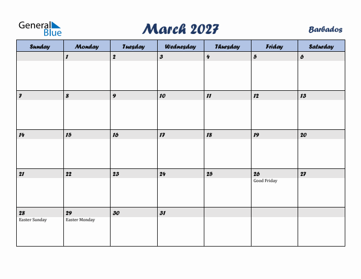 March 2027 Calendar with Holidays in Barbados