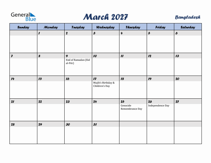 March 2027 Calendar with Holidays in Bangladesh