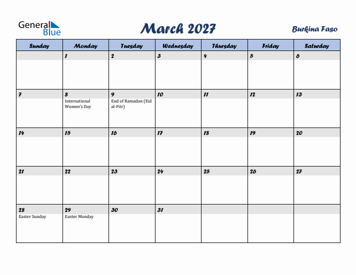 March 2027 Calendar with Holidays in Burkina Faso