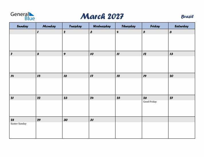 March 2027 Calendar with Holidays in Brazil