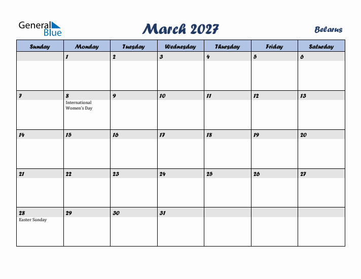 March 2027 Calendar with Holidays in Belarus