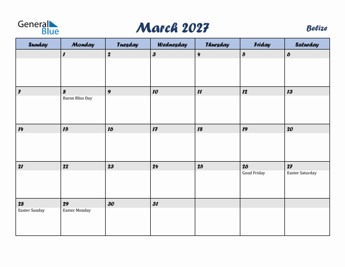 March 2027 Calendar with Holidays in Belize