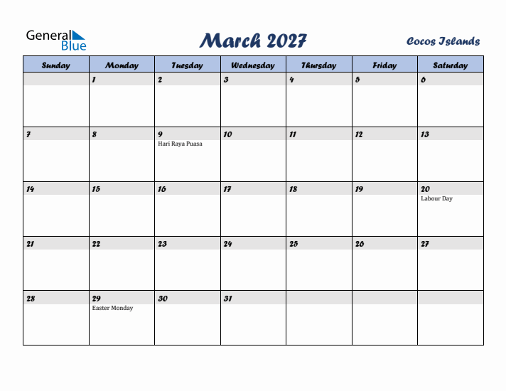 March 2027 Calendar with Holidays in Cocos Islands