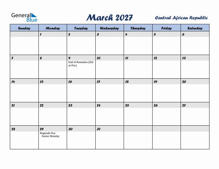 March 2027 Calendar with Holidays in Central African Republic
