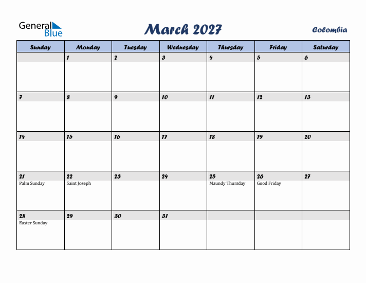 March 2027 Calendar with Holidays in Colombia