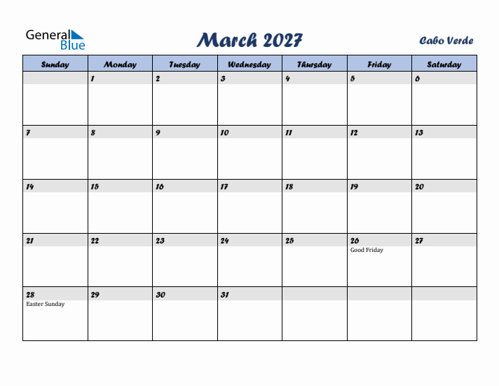 March 2027 Calendar with Holidays in Cabo Verde
