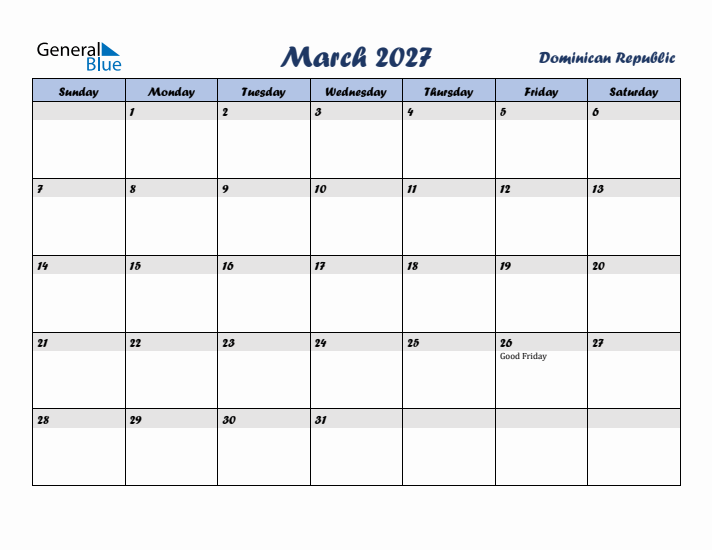 March 2027 Calendar with Holidays in Dominican Republic