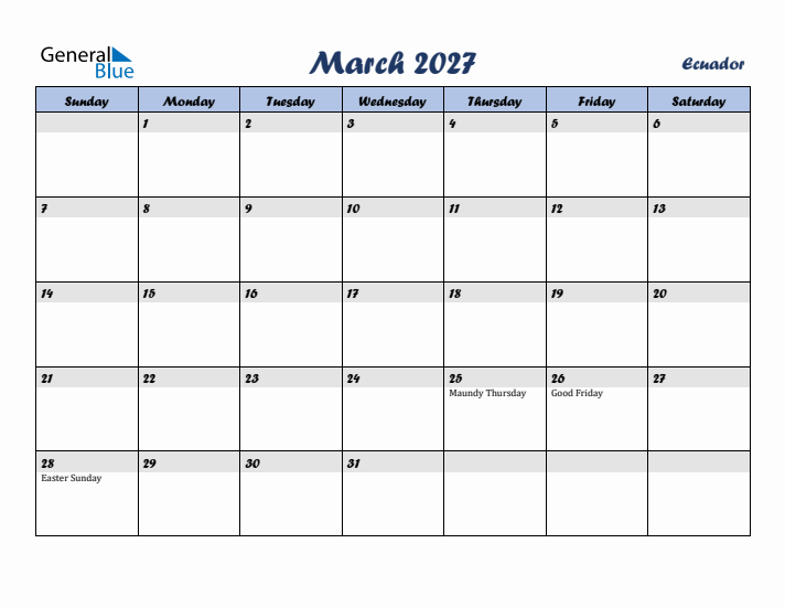 March 2027 Calendar with Holidays in Ecuador