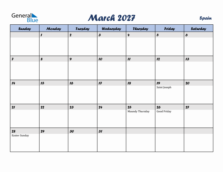 March 2027 Calendar with Holidays in Spain