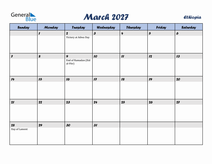 March 2027 Calendar with Holidays in Ethiopia
