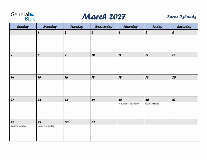March 2027 Calendar with Holidays in Faroe Islands