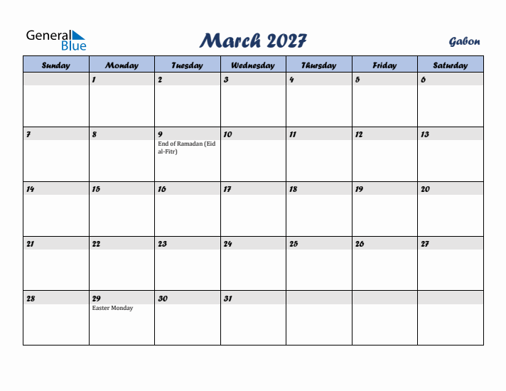 March 2027 Calendar with Holidays in Gabon