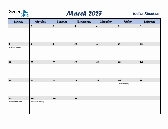 March 2027 Calendar with Holidays in United Kingdom