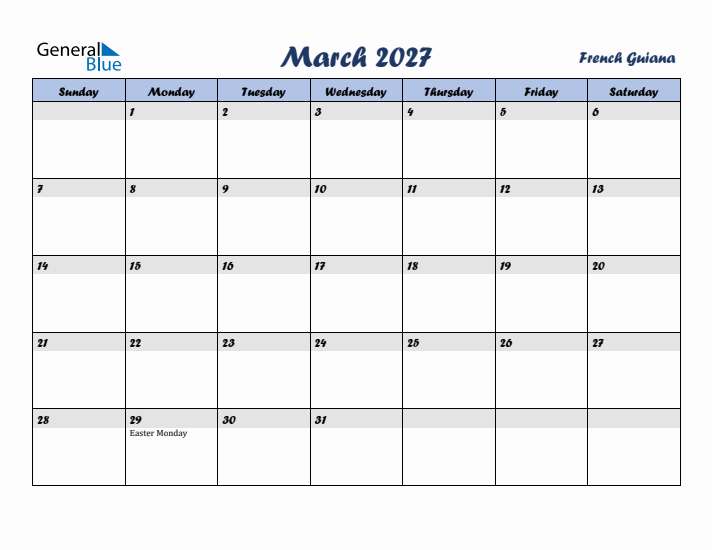 March 2027 Calendar with Holidays in French Guiana