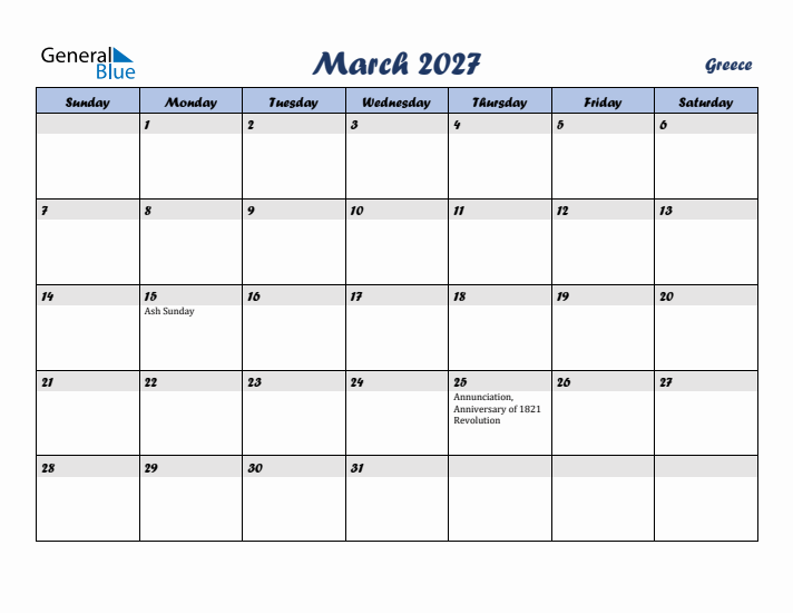 March 2027 Calendar with Holidays in Greece