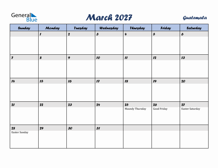 March 2027 Calendar with Holidays in Guatemala