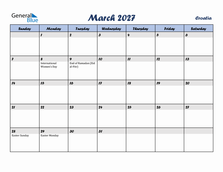 March 2027 Calendar with Holidays in Croatia
