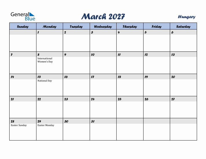 March 2027 Calendar with Holidays in Hungary