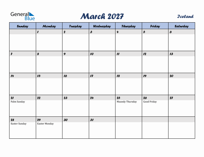 March 2027 Calendar with Holidays in Iceland
