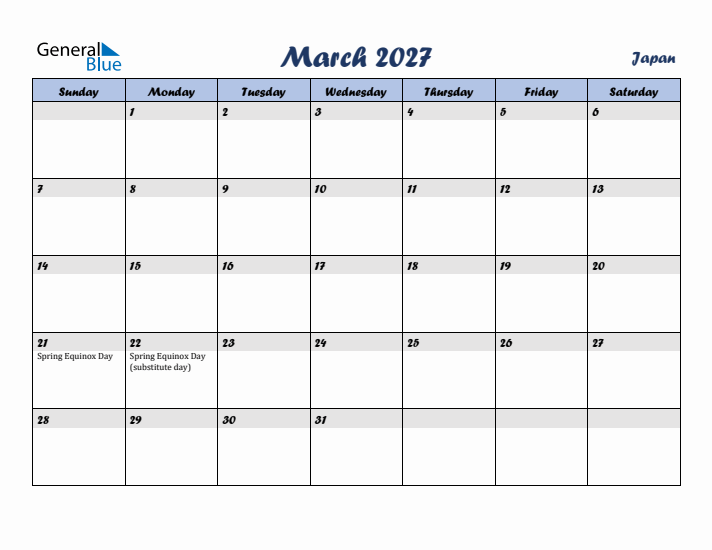 March 2027 Calendar with Holidays in Japan