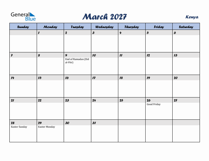 March 2027 Calendar with Holidays in Kenya