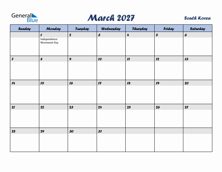 March 2027 Calendar with Holidays in South Korea