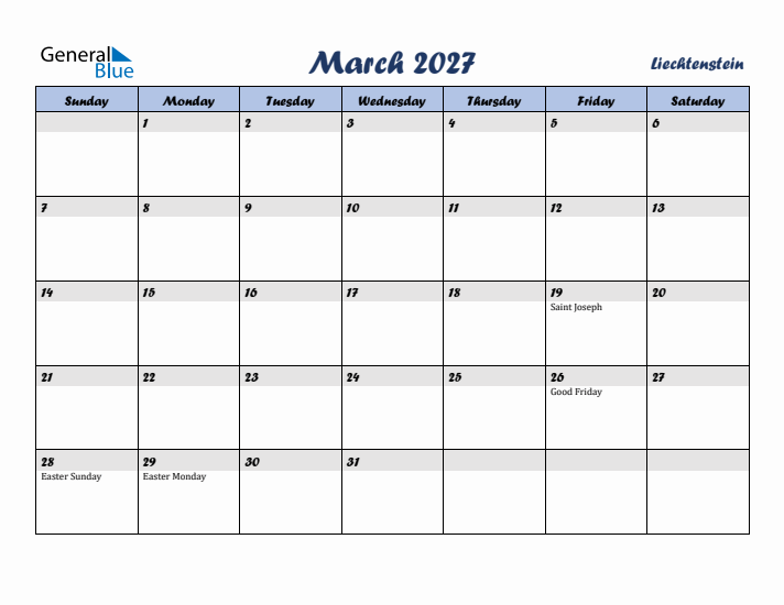 March 2027 Calendar with Holidays in Liechtenstein