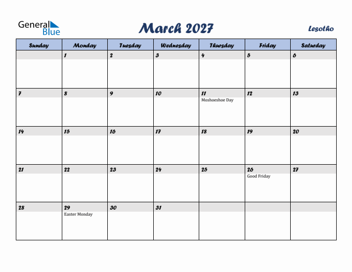 March 2027 Calendar with Holidays in Lesotho