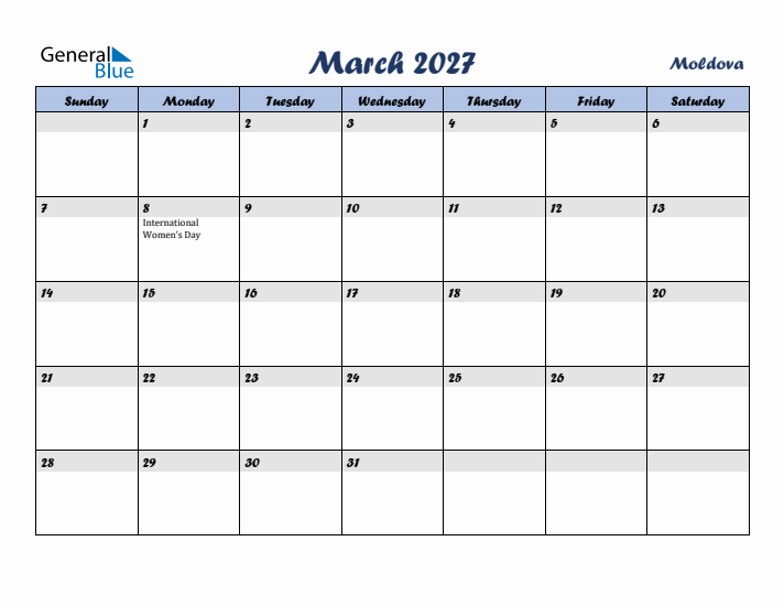 March 2027 Calendar with Holidays in Moldova