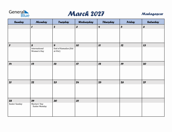March 2027 Calendar with Holidays in Madagascar