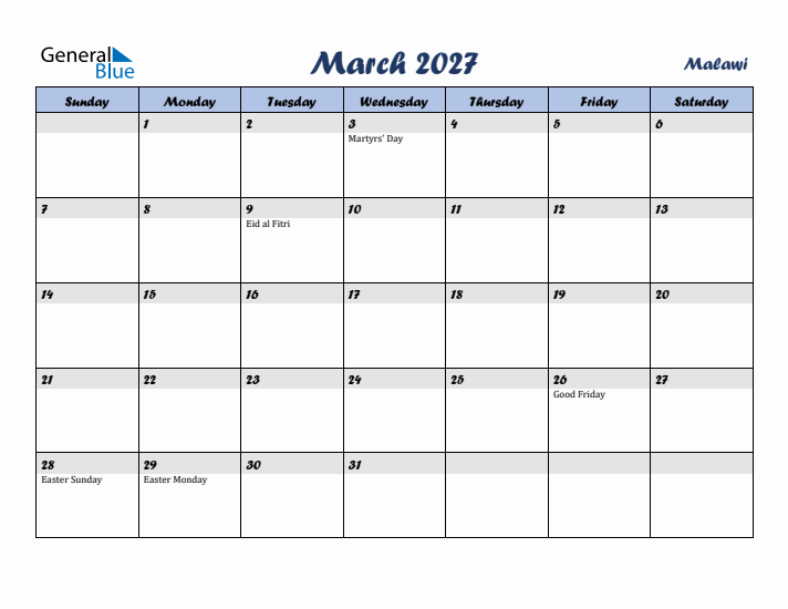 March 2027 Calendar with Holidays in Malawi