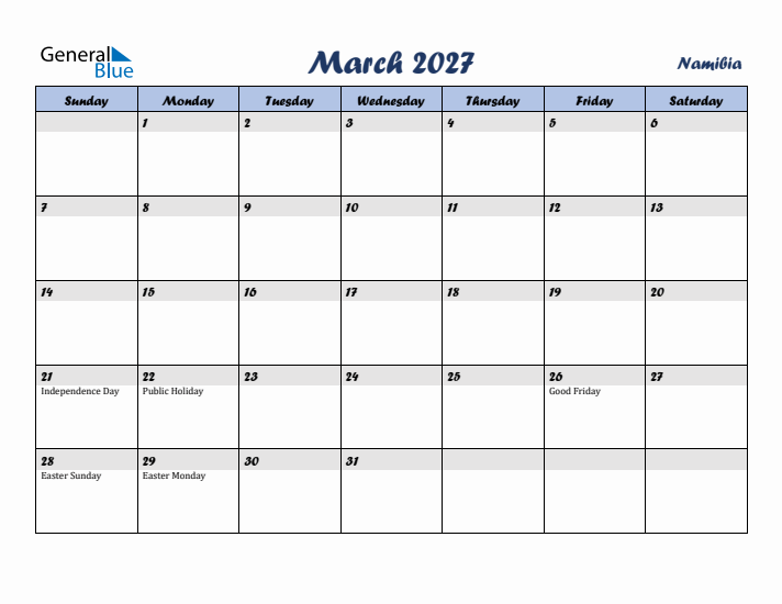 March 2027 Calendar with Holidays in Namibia