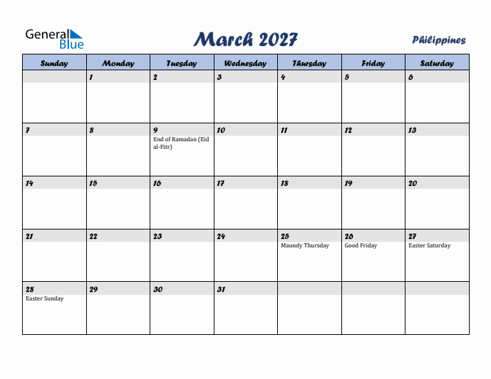 March 2027 Calendar with Holidays in Philippines