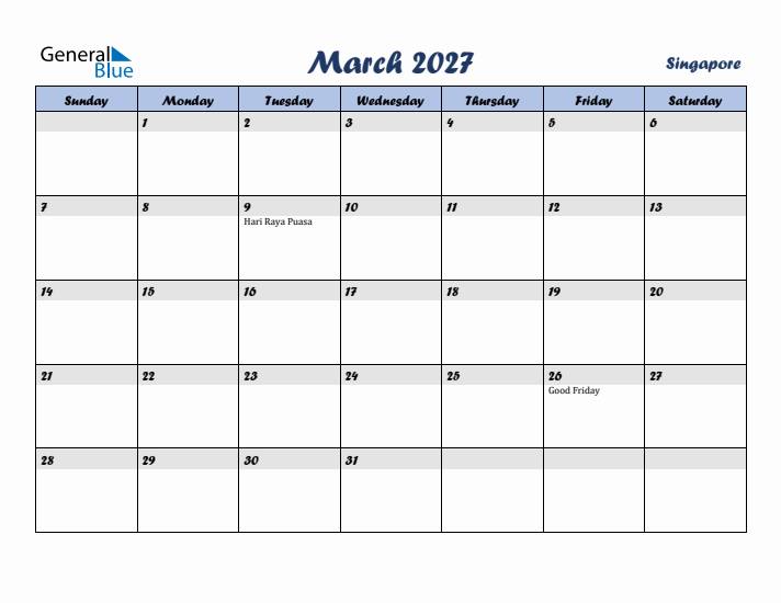 March 2027 Calendar with Holidays in Singapore