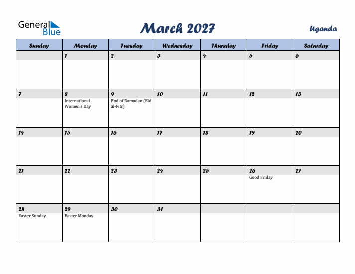 March 2027 Calendar with Holidays in Uganda