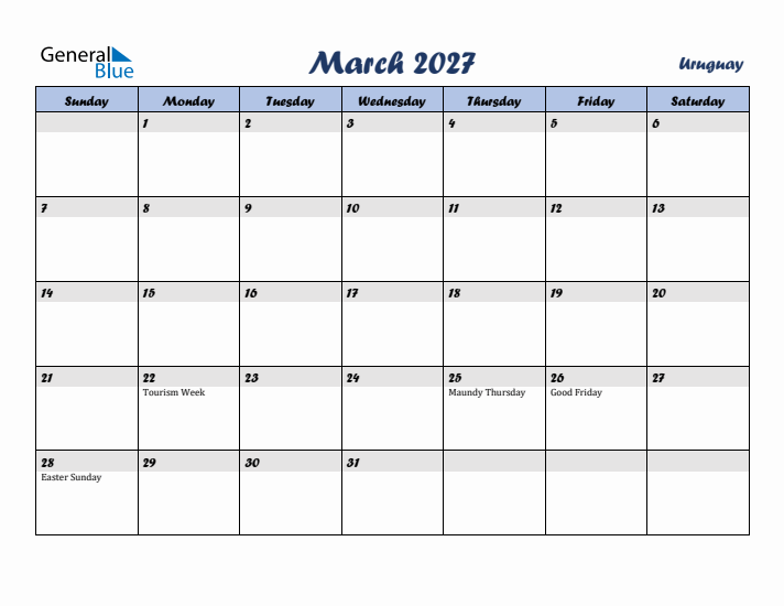 March 2027 Calendar with Holidays in Uruguay