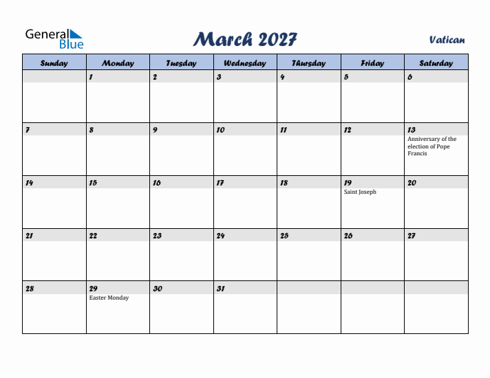 March 2027 Calendar with Holidays in Vatican