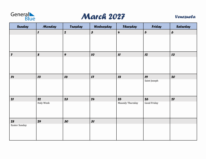 March 2027 Calendar with Holidays in Venezuela