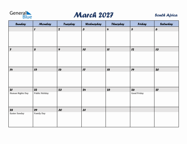 March 2027 Calendar with Holidays in South Africa