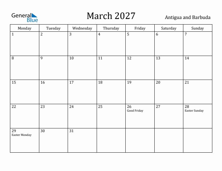 March 2027 Calendar Antigua and Barbuda