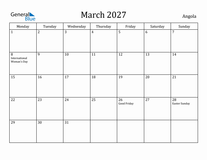 March 2027 Calendar Angola