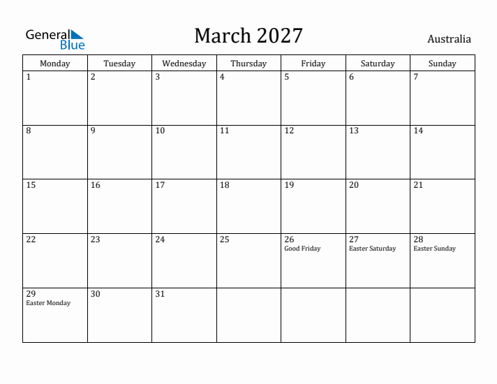 March 2027 Calendar Australia
