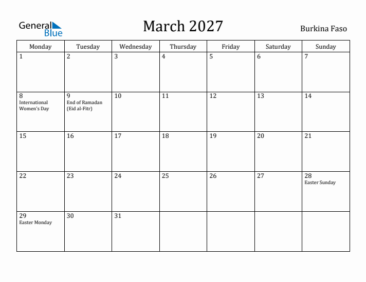 March 2027 Calendar Burkina Faso
